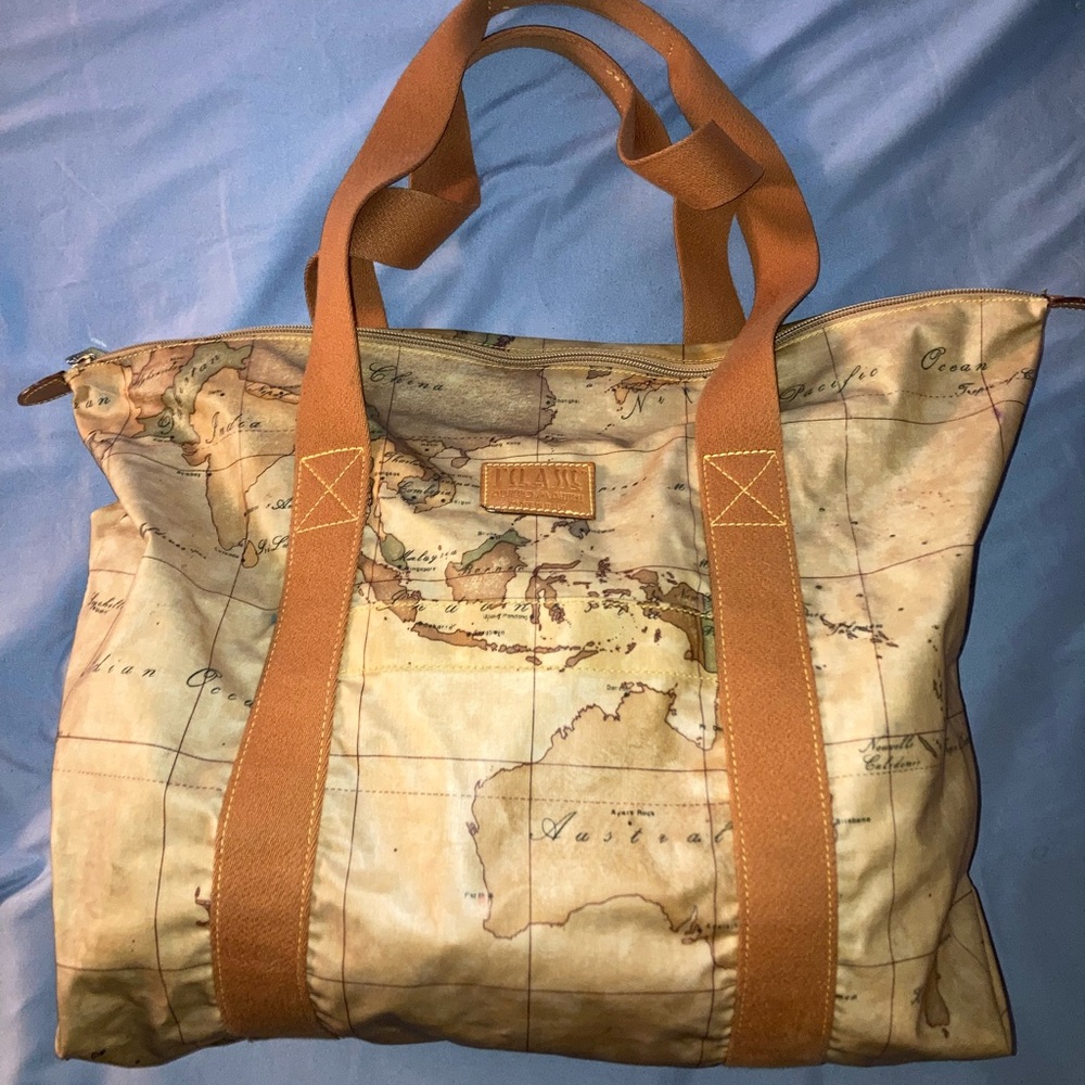 Alviero Martini Brown World Map Canvas Tote Bag - Picture 1 of 13